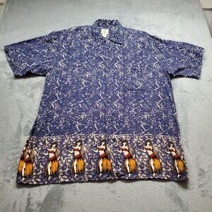 Morro Bay Button Up Short Sleeve Shirt Hula Dancers Dark Blue Tan Men Sz L